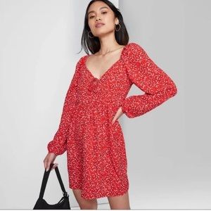 Red Floral Puff Sleeve Babydoll Dress
